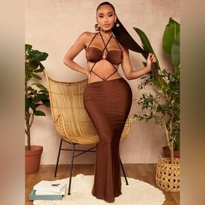 Chocolate Brown Criss Cross Tie Backless Halter Dress